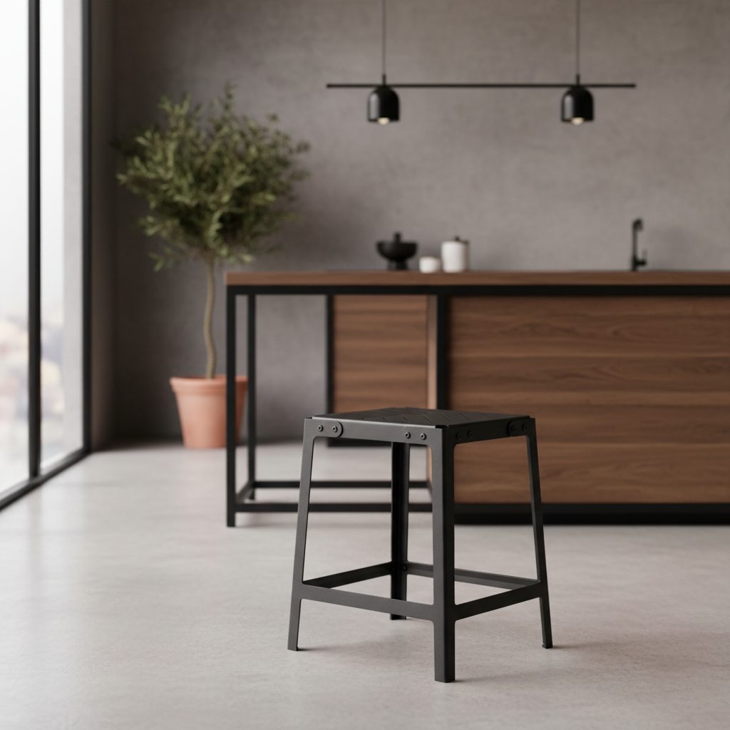 Banqueta de barra con estructura de acero lacado negro y asiento redondo de roble macizo