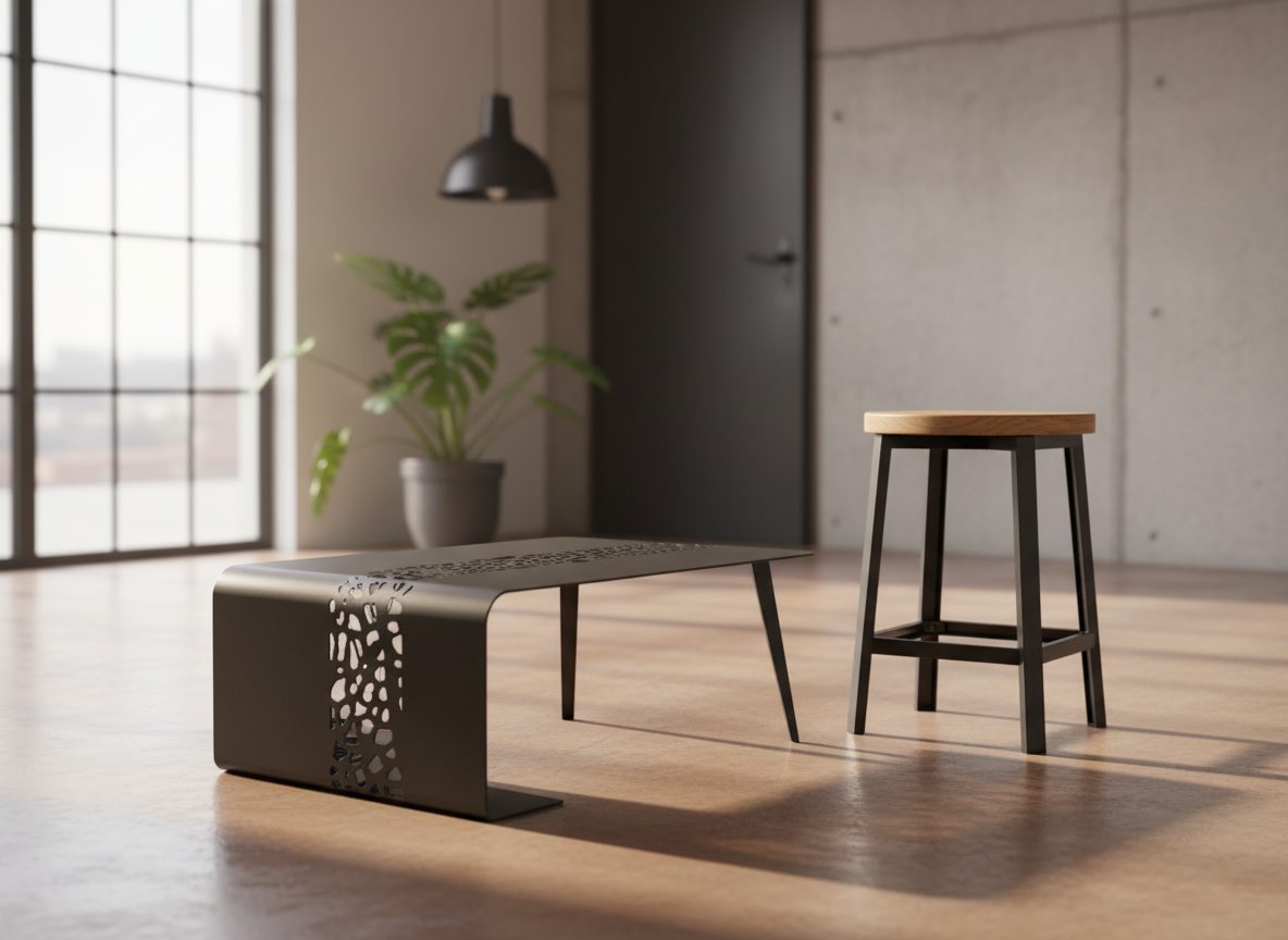 Tres banquetas con estructura negra y asiento de roble en barra de cocina abierta