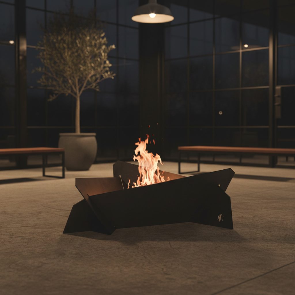 Brasero de corten oxidado en jardín al atardecer con fuego encendido