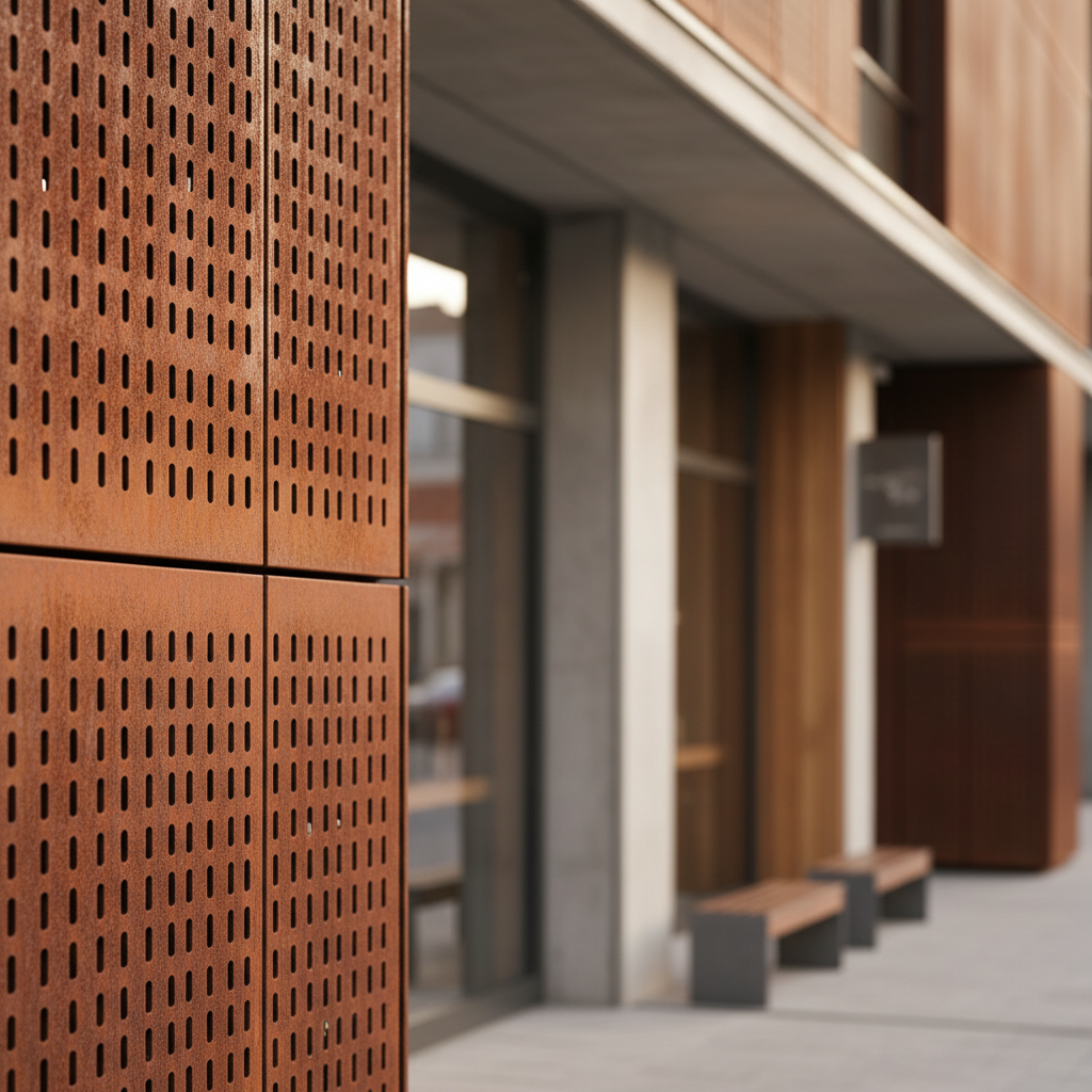 Celosía de corten como revestimiento parcial de fachada de edificio comercial