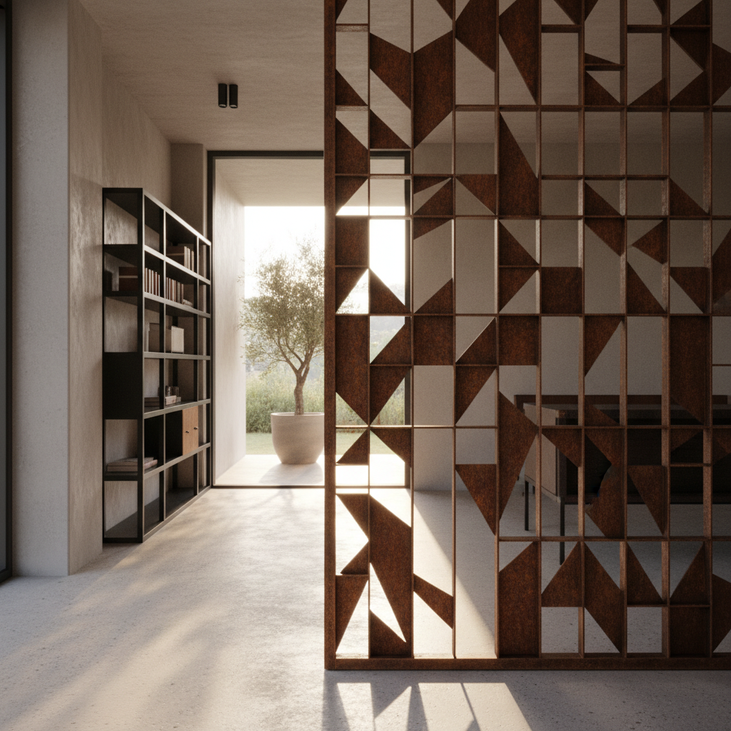 Celosía de corten como separador interior en vivienda con patio