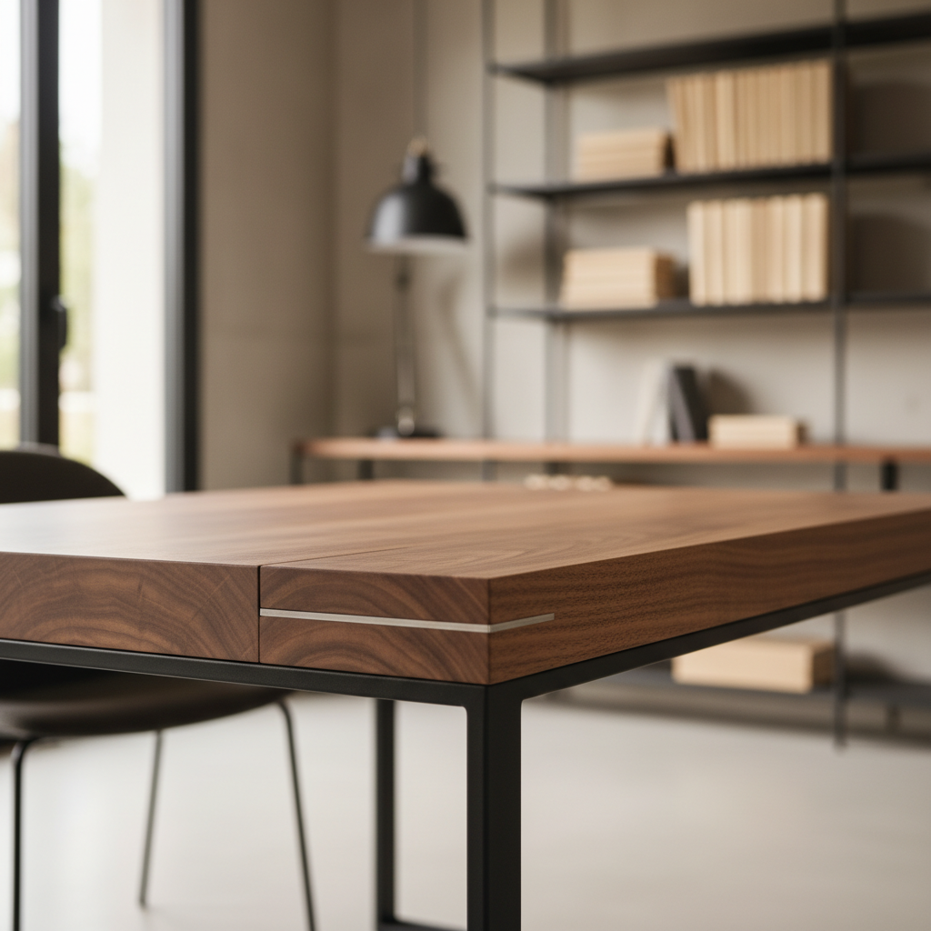 Escritorio contemporáneo con estructura de acero mate y tablero de nogal macizo