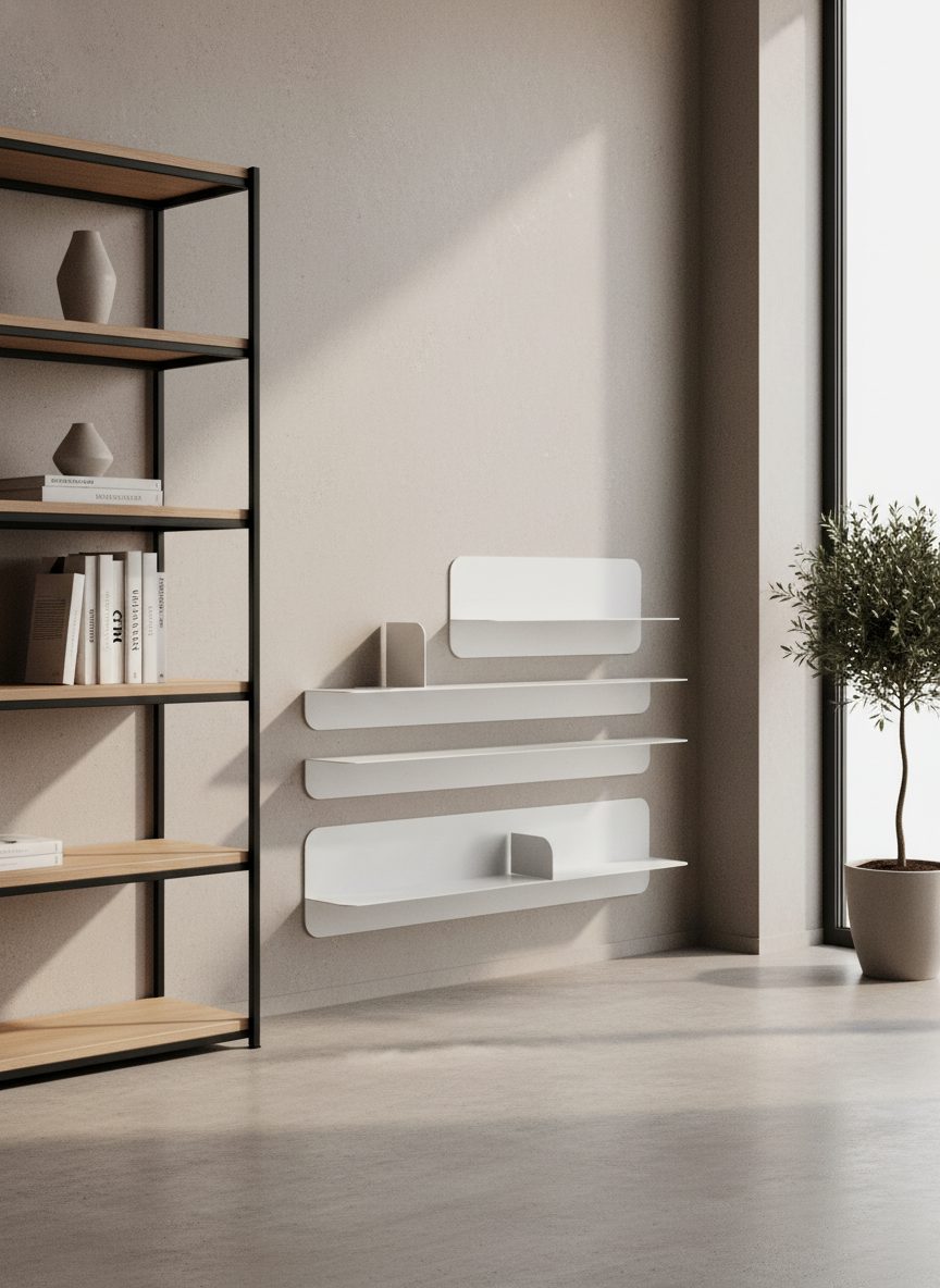 Estantería de pared con dos soportes de acero negro y balda de roble macizo en salón con pared de ladrillo visto