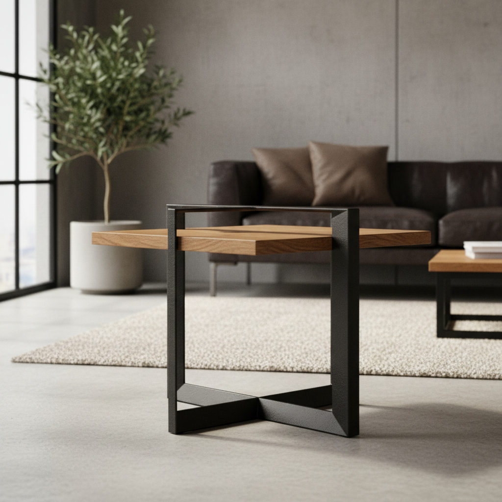 Mesa auxiliar con estructura cruzada de acero mate y sobre de roble