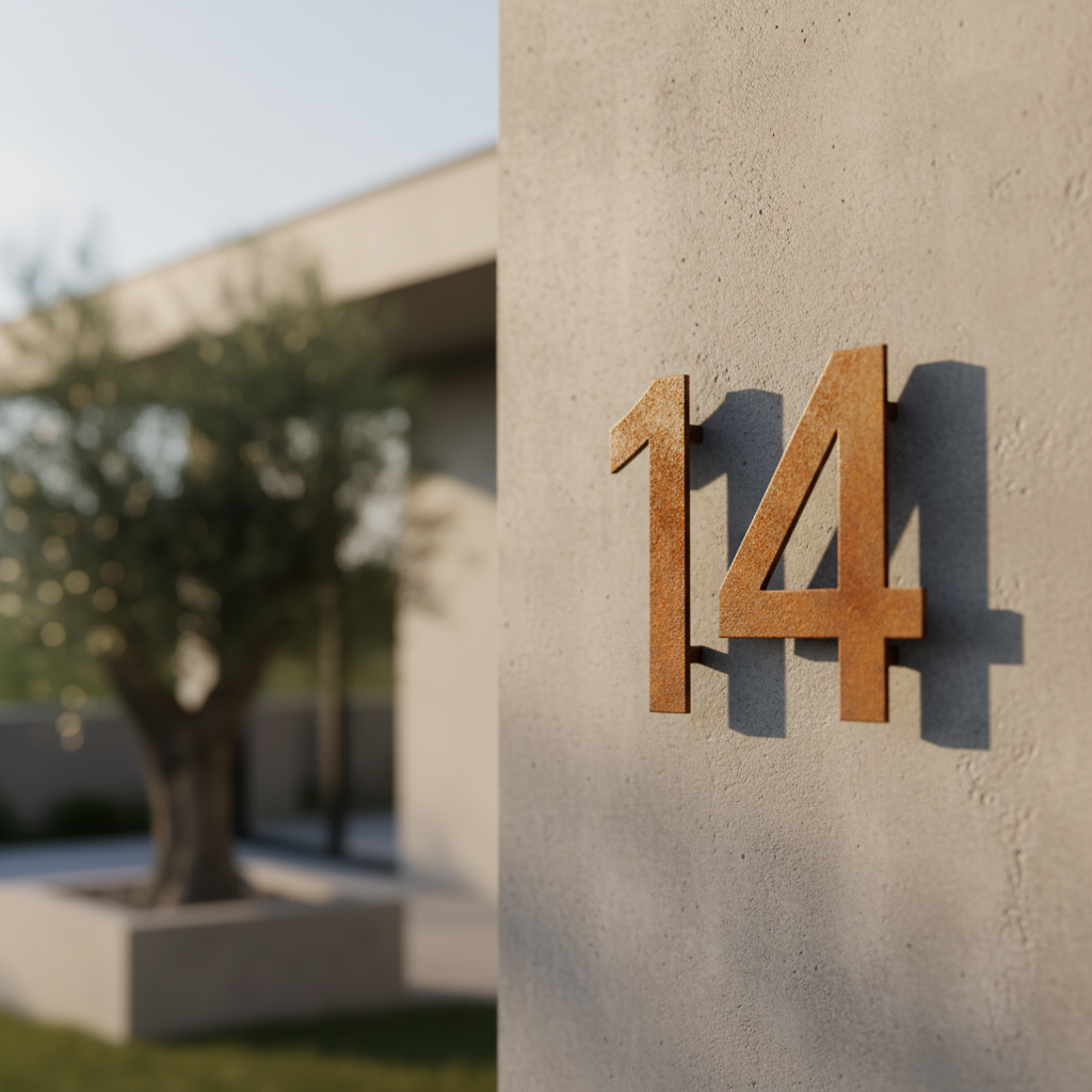 Numeración de casa en acero corten sobre fachada de hormigón visto