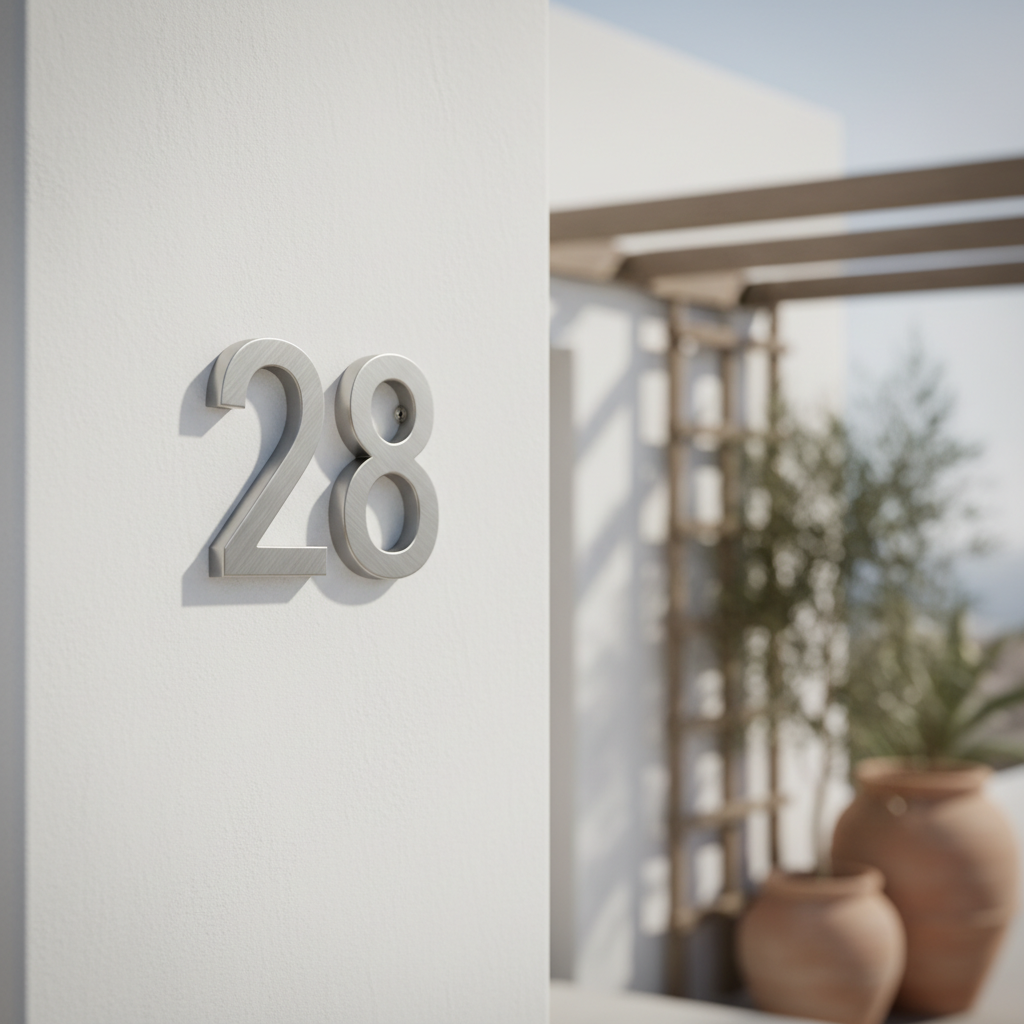 Numeración en inox 316 cepillado sobre fachada blanca costera