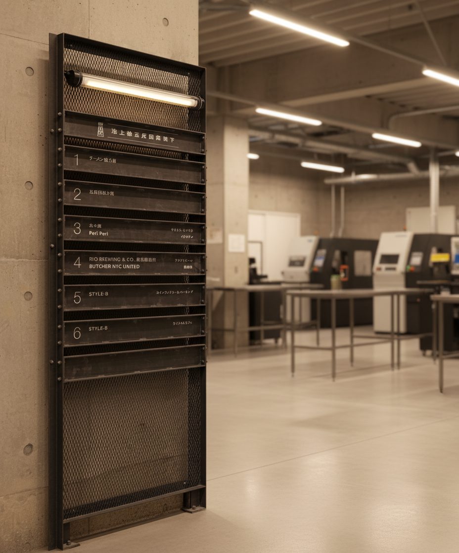 Número en inoxidable 316 cepillado sobre pared de hormigón visto