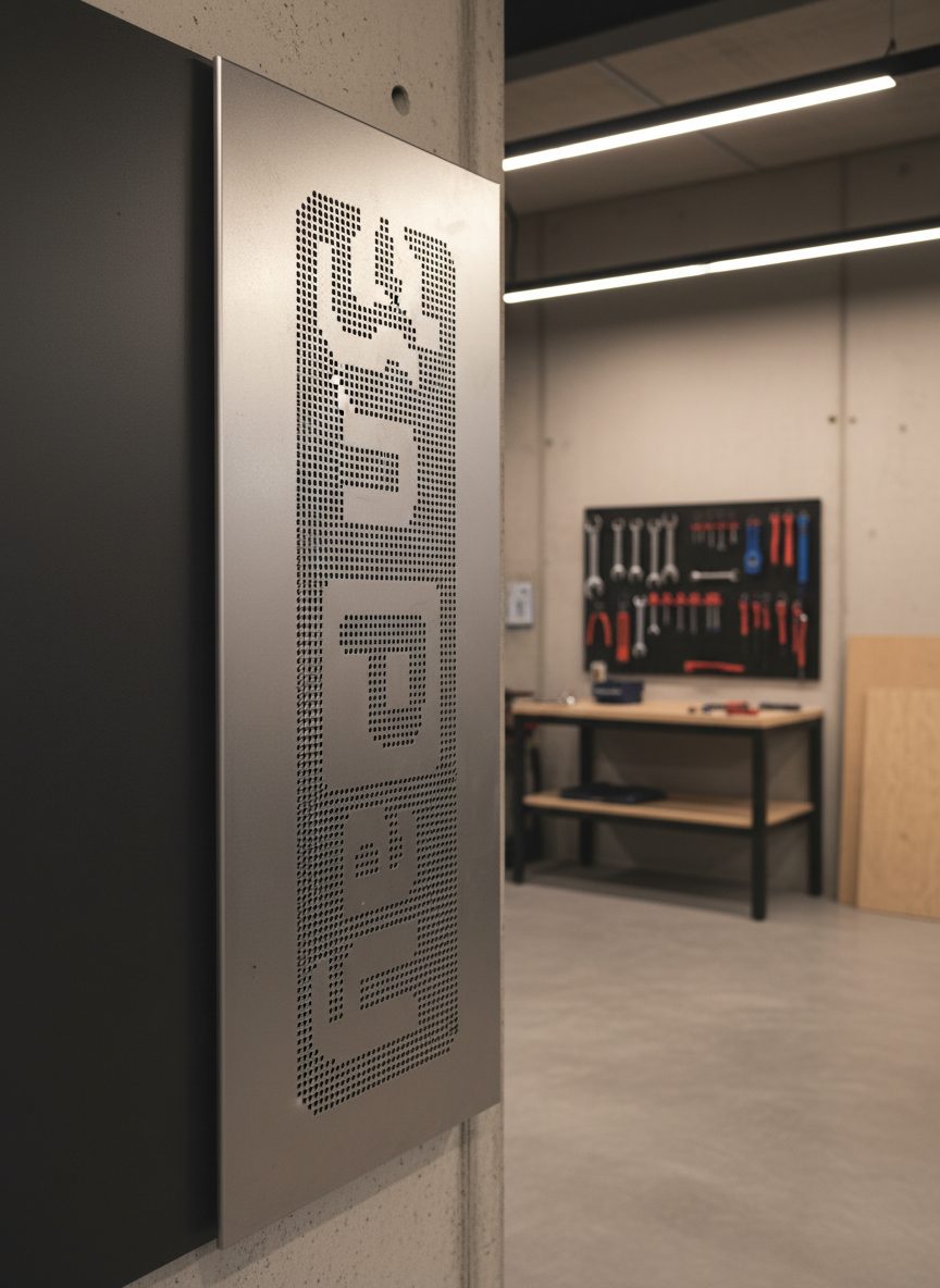 Panel de acero perforado negro con herramientas ordenadas en ganchos, en taller con suelo de cemento