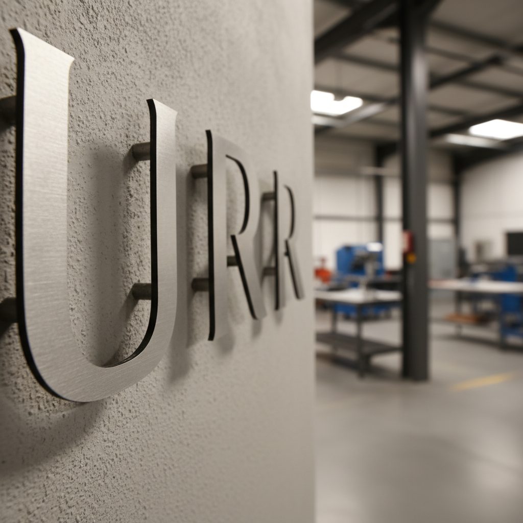 Placa de empresa en acero inoxidable cepillado con logotipo grabado a láser en la entrada de una oficina