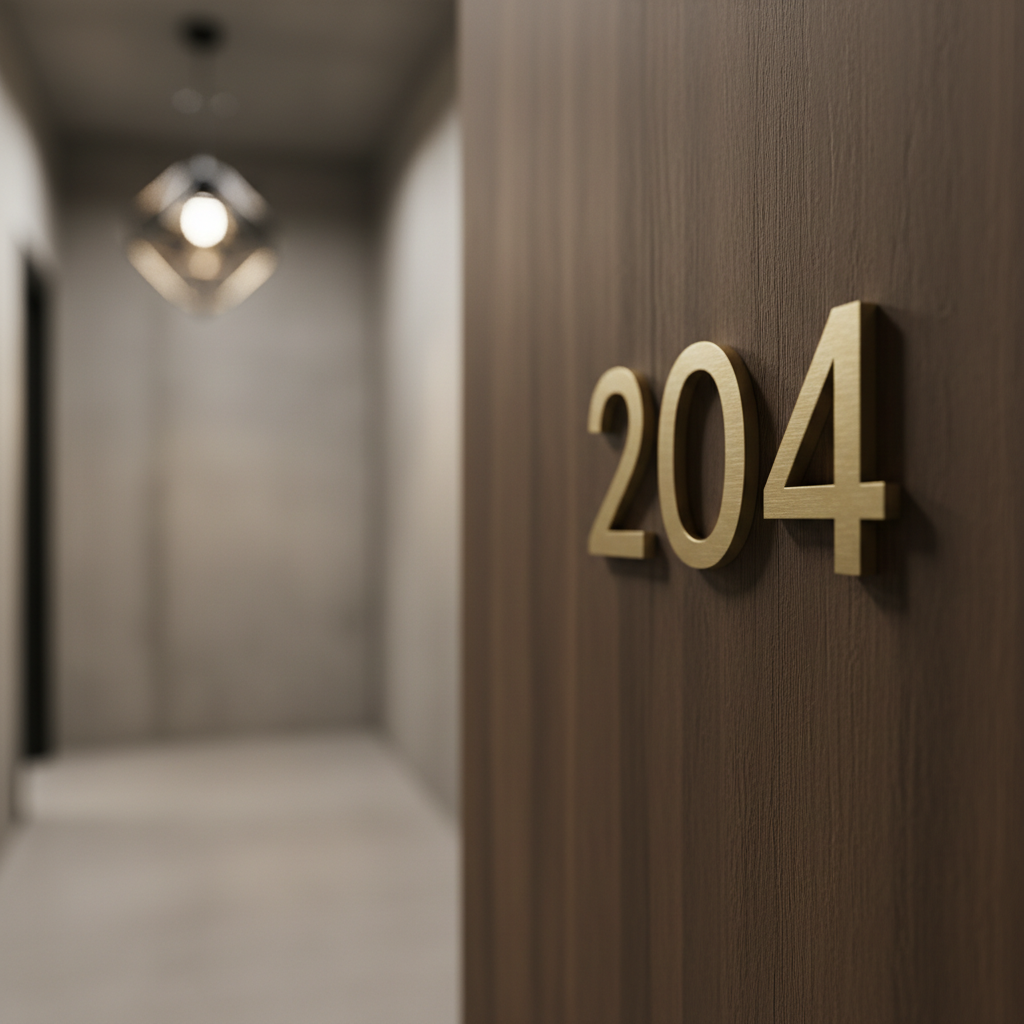 Numeral de latón mate instalado en puerta de roble de hotel