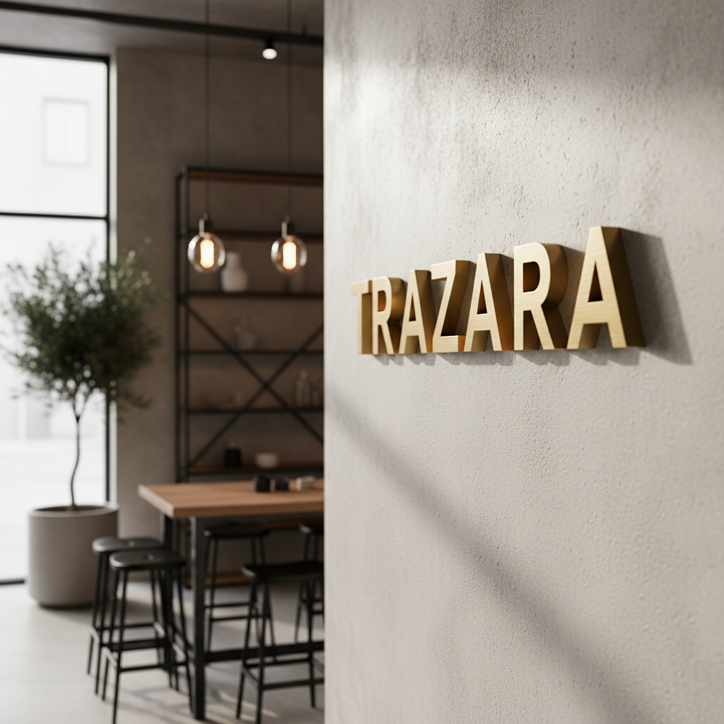 Letras corpóreas de latón mate cepillado en interior de un comercio con lenguaje industrial