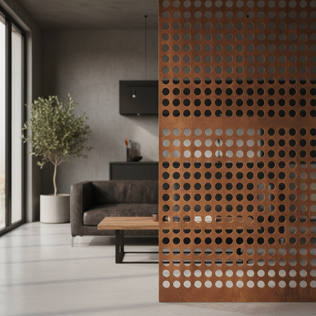 Separador de corten pre-oxidado en un salón industrial