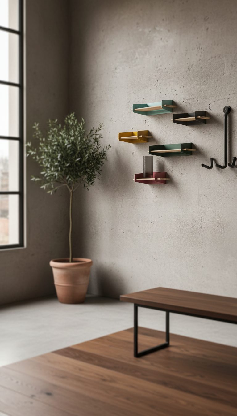 Soporte de bici negro mate en recibidor blanco con suelo de roble