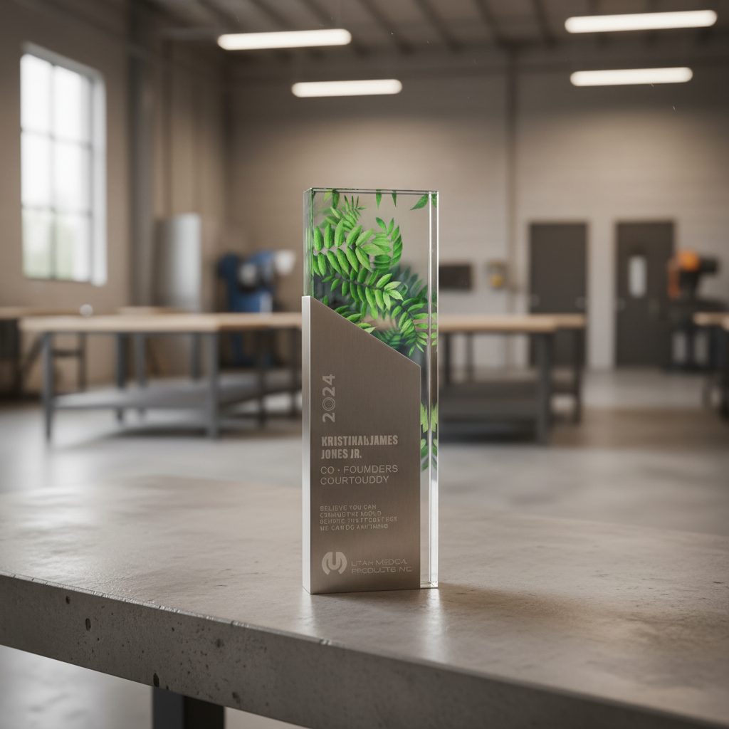 Placa de reconocimiento en inoxidable cepillado con logotipo y texto grabado, sobre pedestal de madera de roble